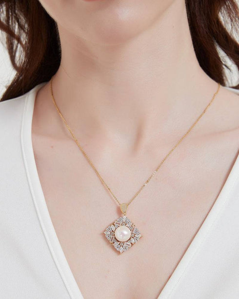 Square Pendant CZ White Freshwater Pearl Set - House Of Pearls